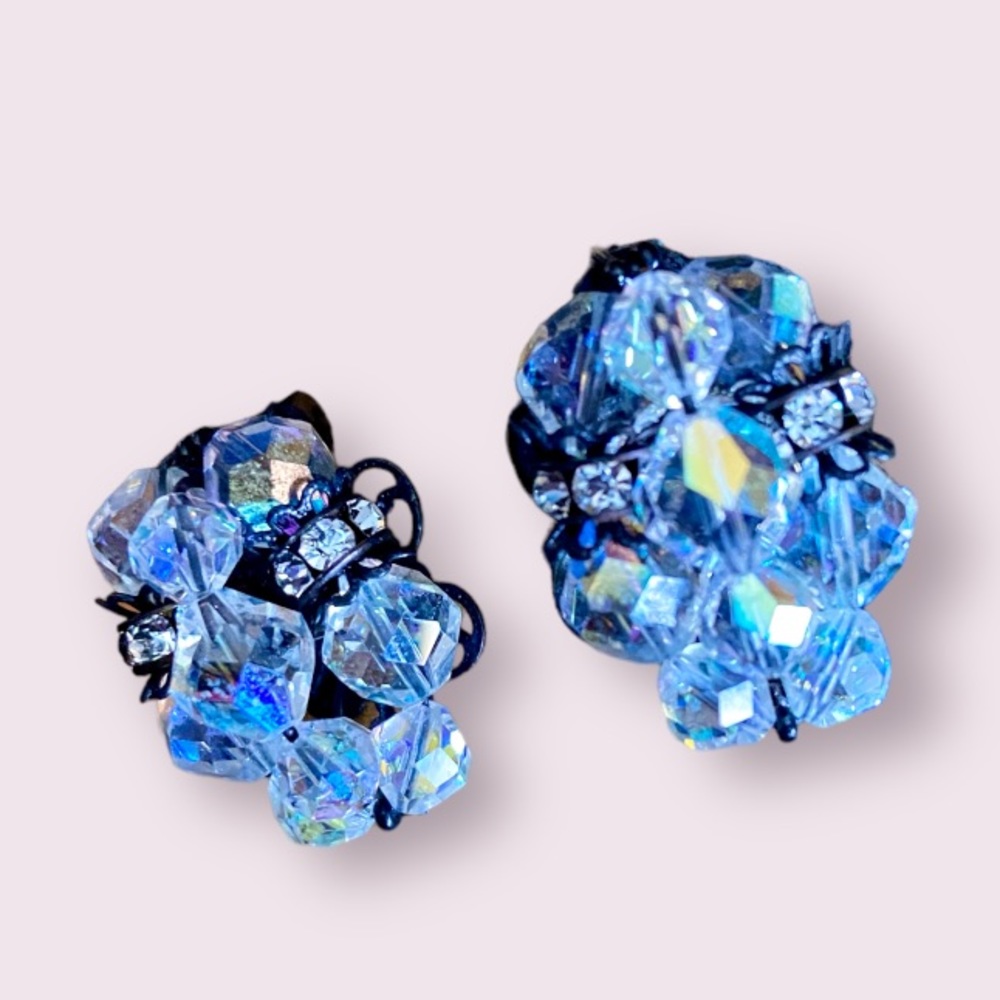 Vintage Clear Aurora Borealis Crystal Clip-On Earrings